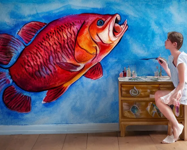Image similar to an innocent and beautiful scene in hyper realistic style, watercolor and pen oily drawing on wood, of a smadar lomnitz painting a huge colorful fish on the wall, lighting from the barred window. shadows. 4 k. wide angle. wild mood. red mouth, blue eyes. deep focus, lovely scene. ambient occlusion render. unreal engine.