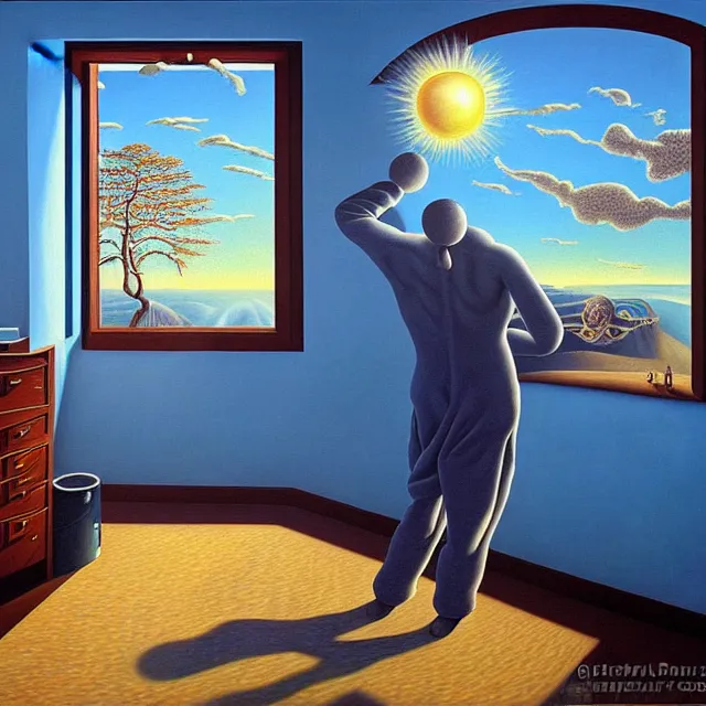 Image similar to an oil on canvas portrait of a man waking up and the sun is shining through the window, surrealism, surrealist, lovecraftian, cosmic horror, rob gonsalves, high detail