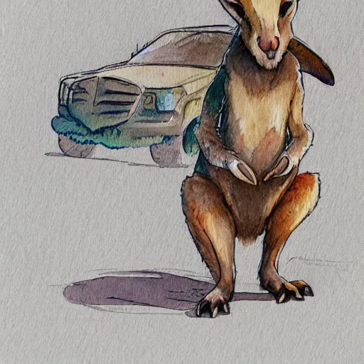 Image similar to watercolor sketch of a story book kangaroo in the style of disco elysium