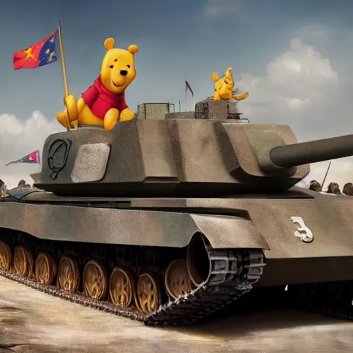 Prompt: screaming winnie the pooh having a tantrum in front of chinese type 5 9 battletank at tiananman square, dystopian, highly detailed, photorealistic, octane render, 8 k, unreal engine. art by artgerm and greg rutkowski and alphonse mucha