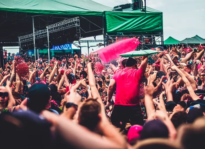 Image similar to photo still of gallagher at vans warped tour!!!!!!!! at age 4 5 years old 4 5 years of age!!!!!!! throwing watermelons at a crowd, 8 k, 8 5 mm f 1. 8, studio lighting, rim light, right side key light