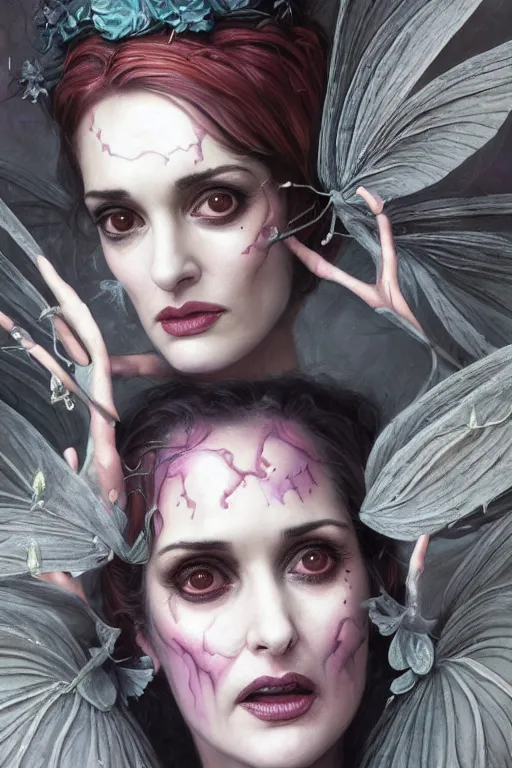 Image similar to closeup portrait shot of winona ryder as delirium of the endless, the sandman, the fairy queen, floral growth, thick fancy makeup, highly detailed, digital painting, artstation, concept art, soft focus, depth of field, artgerm, tomasz alen kopera, peter mohrbacher, donato giancola, wlop, boris vallejo