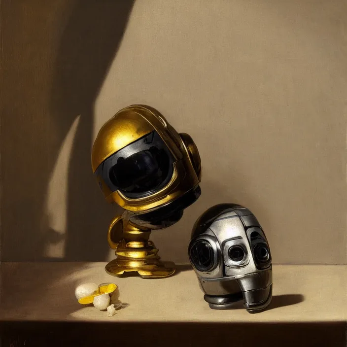 Image similar to still life painting of a robot head by pieter claesz, oil on canvas, strong lighting, highly detailed, hyper realism, golden hour, god rays, hd, 4 k