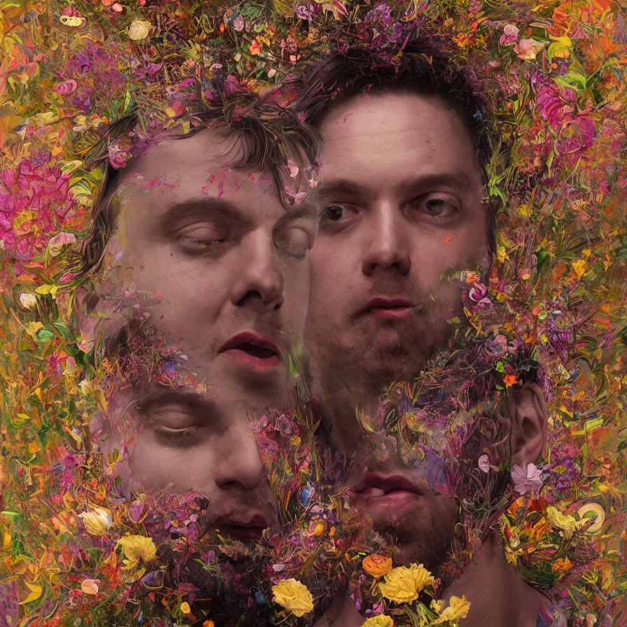 Image similar to male portrait of todd solondz tripping on dmt and becoming god, surrounded by flowers by francis bacon, karol bak, james jean, tom bagshaw, rococo, trending on artstation, cinematic lighting, hyper realism, dramatic, emotional, octane render, 8 k, hyper detailed.