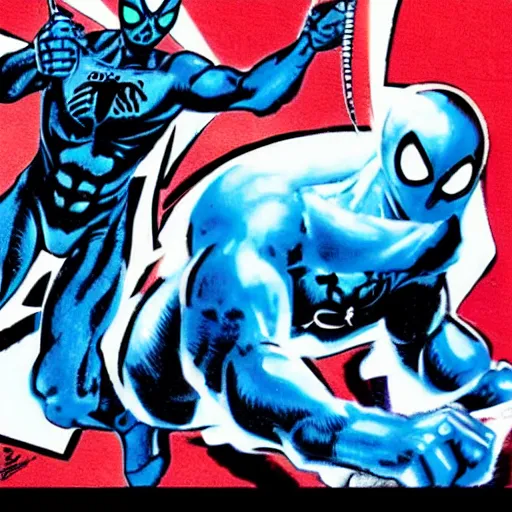 Image similar to blue spiderman with a machine gun fighting aliens