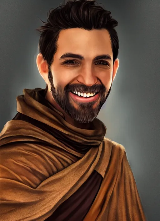 Image similar to a brown haired young eastern man with stubble, short hair, wearing brown jedi robes, smiling, close up, portrait style, star wars atmosphere, photographic print, artgerm, hyper - realistic