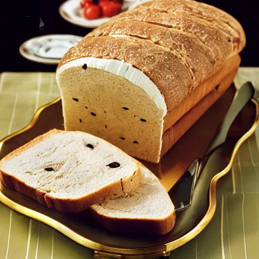 Image similar to sliced frosted sandwich loaf with olives and cream cheese on an ornate golden platter, dinner party display, high resolution magazine scan, seventies era