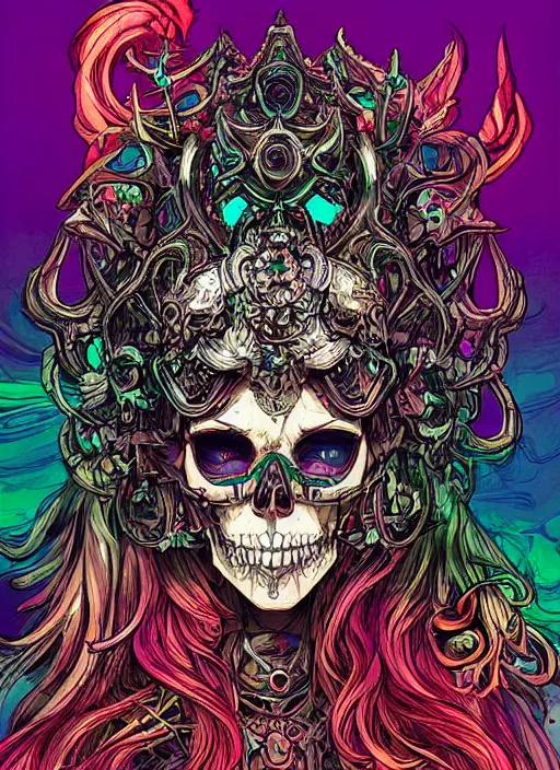 Image similar to An epic goddess skull concept art, cell shading, by Moebius, hiroshi yoshida, Druillet, colorfull, vivid colors, artstation