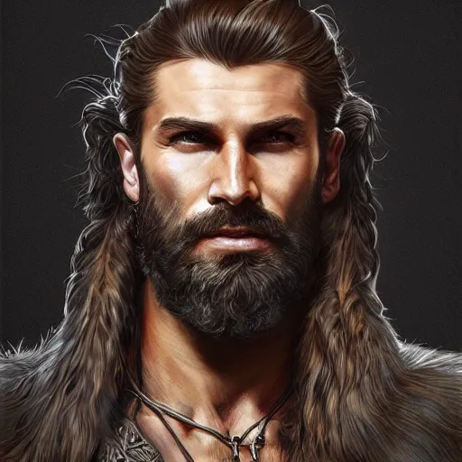 Image similar to portrait of a young, ruggedly handsome ranger, muscular, man bun, half body, leather, hairy, d & d, fantasy, intricate, elegant, highly detailed, digital painting, artstation, concept art, smooth, sharp focus, illustration, art by artgerm and greg rutkowski and alphonse mucha