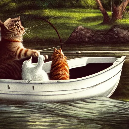 Image similar to cat fishing in a river while in a boat illustrated by Bill Watterson in stunning color; 8k; digital art; artstation; award winning