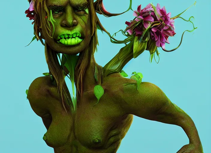 Image similar to Fantasy Alrune androgynous plant humanoid with flowers in hair man-eating plant body pitcher plant by Larry Elmore and Ilya Kushvikov, hulk green skin, symmetrical face concept art, octane render unreal engine meta humans, artstation