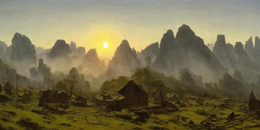 Image similar to village above the clouds, sharp pointy mountains, wooden platforms, tents, colors, misty clouds, sun at dawn, brutalism, painting by caspar david friedrich