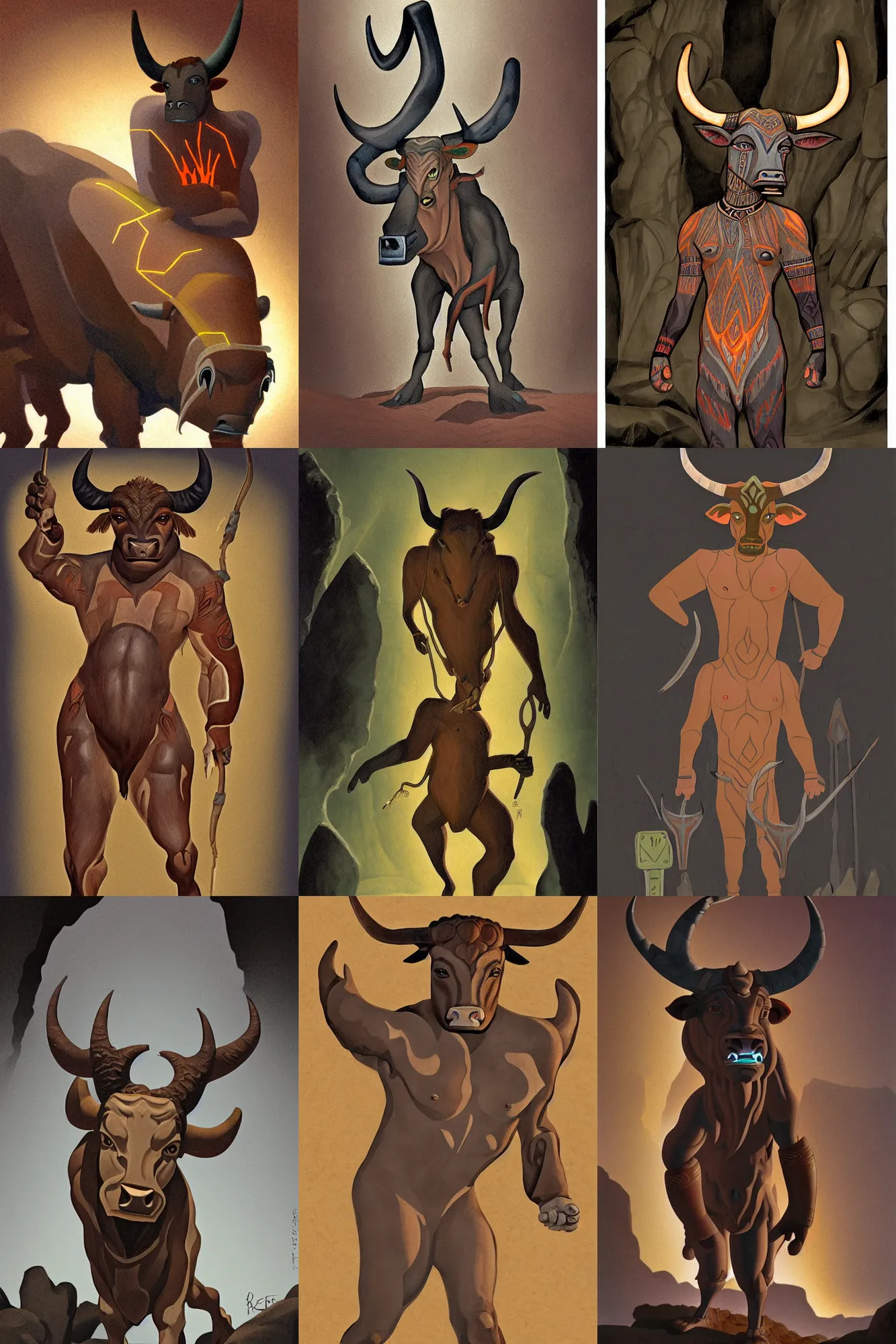 Prompt: midjourney art style art deco shaded painted full body illustration of a male minotaur with glowing tribal skin markings in a dark cave environment with a bovine head, painterly, detailed by ralph mcquarrie