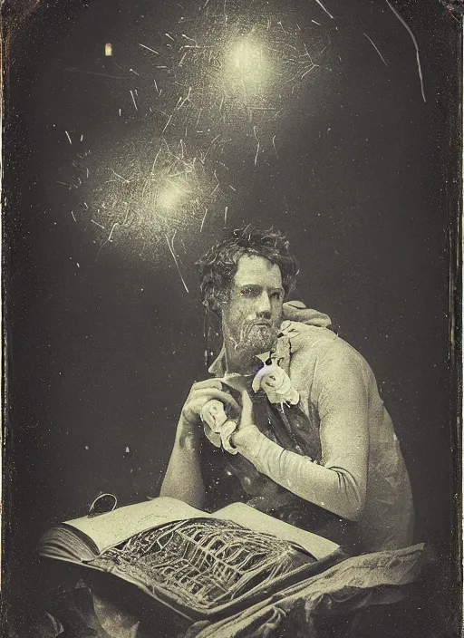 Image similar to old wetplate daguerreotype portrait of the birth of a genius writer, explosion of data fragments, fractal, intricate, elegant, highly detailed, parallax, leica, medium format, subsurface scattering, by jheronimus bosch and greg rutkowski and louis jacques mande daguerre