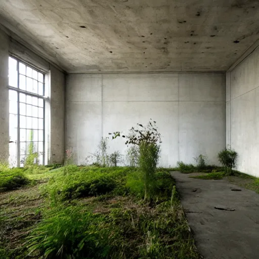 Image similar to an abandoned room in a concrete building, few overgrown plants, dreamy, overcast, by hans bellmer