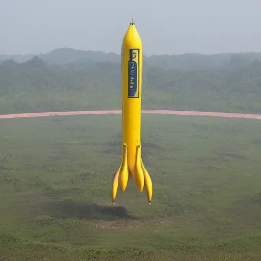 Prompt: a banana rocket at wenchang space launch site in hainan, china