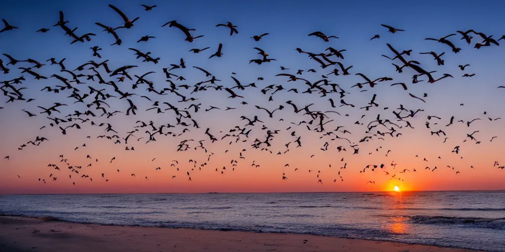 Prompt: at dawn a flock of seagulls takes flight from the beach, early morning light, sunrise, dramatic lighting, cinematic