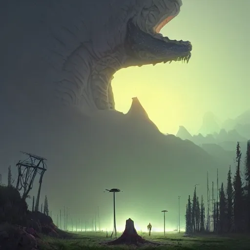 Prompt: giant creature lurking over a cowering smaller creature, in the foreground a small town, epic science fiction horror digital matte painting by Simon Stalenhag and Mark Brooks, extremely detailed, artstation