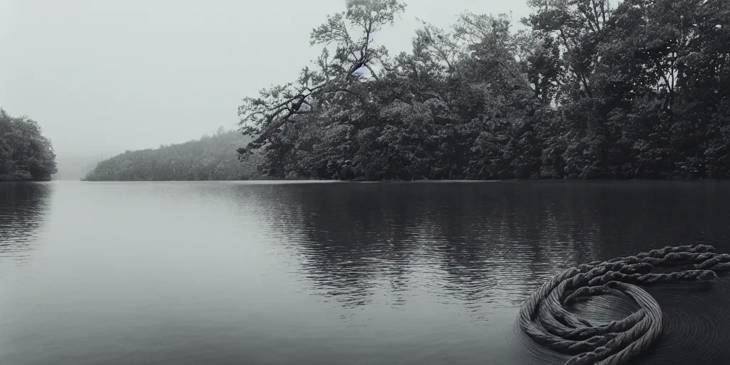 Prompt: symmetrical photograph of a very long rope on the surface of the water, the rope is snaking from the foreground towards the center of the lake, a dark lake on a cloudy day, trees in the background, moody scene, dreamy kodak color stock, anamorphic lens