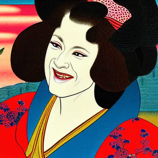 Image similar to very detailed and colorful portrait of bernadette peters smiling, painted in the ukiyo - e style