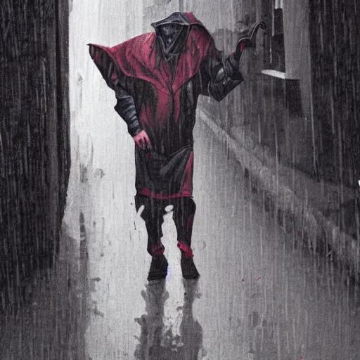 Image similar to A demonic goat man wearing a hood leaning on a wall in a dark alleyway during a rainstorm, art by Trevor Henderson