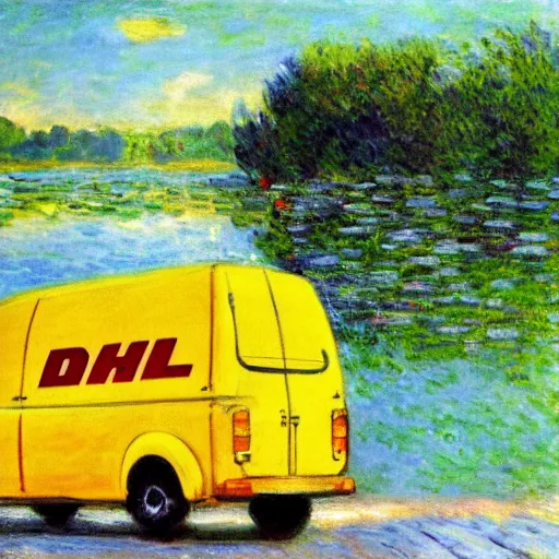 Image similar to DHL yellow DHL van and the lake, painting by Monet