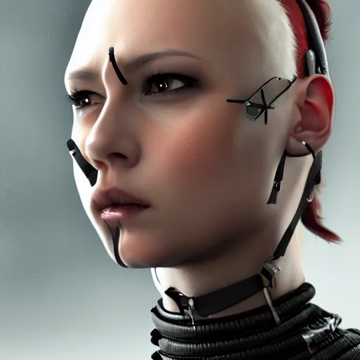 Image similar to detailed realistic female character cyberpunk wearing leather belt collar around neck, realistic, art, beautiful, 4K, collar, choker, collar around neck, punk, artstation, detailed, female, woman, choker, cyberpunk, punk, collar, choker, collar around neck,