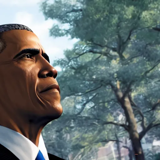 Image similar to a videogame still of Obama in Tekken 7, 40mm lens, shallow depth of field, split lighting