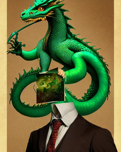 Image similar to anthropomorphic art of a businessman dragon, green dragon, portrait, victorian inspired clothing by artgerm, victo ngai, ryohei hase, artstation. fractal papers, newspaper. stock certificate, highly detailed digital painting, smooth, global illumination, fantasy art, jc leyendecker