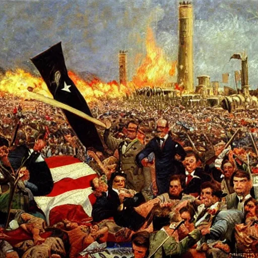 Image similar to George H.W. Bush destroys Iraq, oil on canvas, 1883, highly detailed