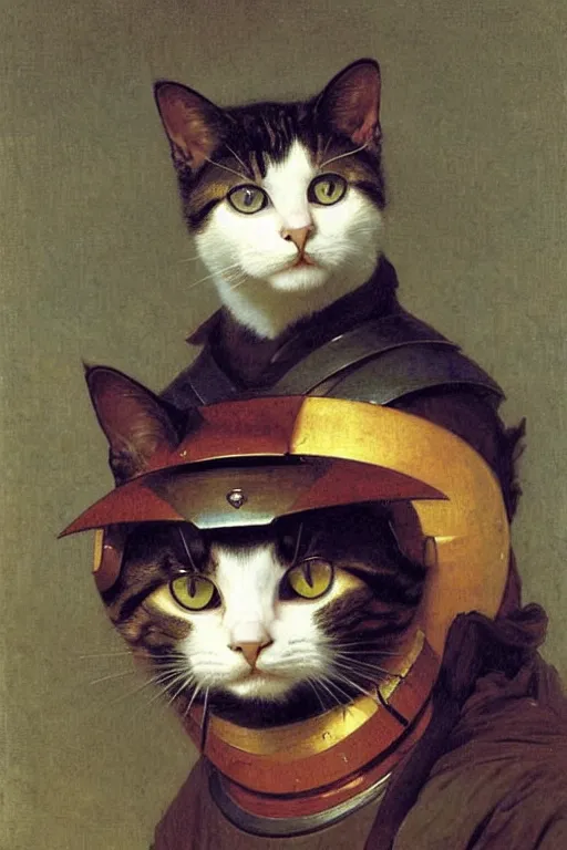 Image similar to portrait of a cat samurai, wearing samurai armor and helmet, by bouguereau