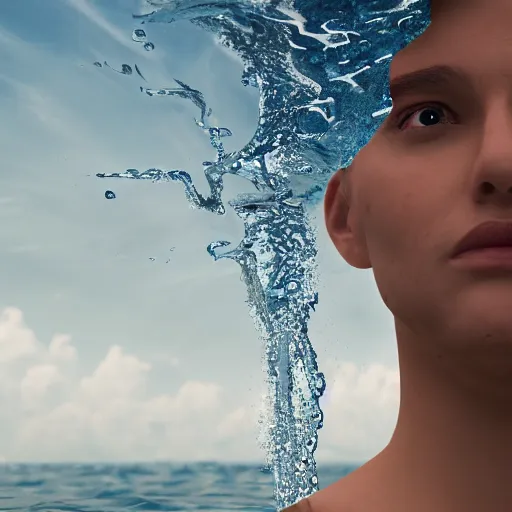 Prompt: water artwork manipulation in the shape of a human head, on the ocean water, ray tracing, realistic water sharp focus, long shot, 8 k resolution, cinematic, award winning