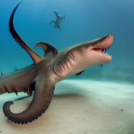 Prompt: photograph of an octopus eating a hammerhead shark, Award winning National Geographic photo