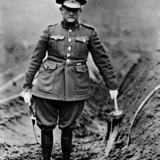 Image similar to a black and white photograph, portrait of a rabbit wearing ww1 uniform, standing in a muddy trench