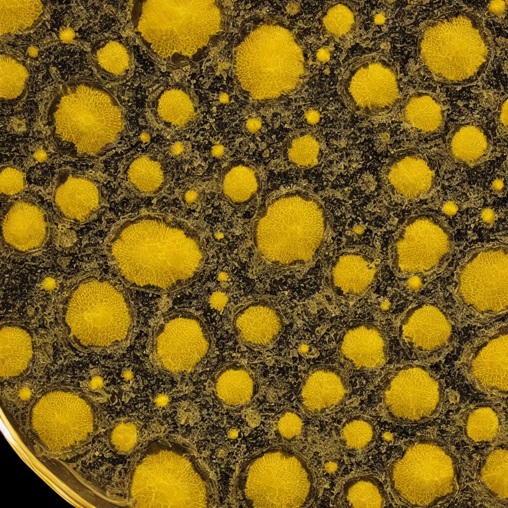 Prompt: mold growing on a glass platter, macro photography, scientific study, yellow mold, mycelial network