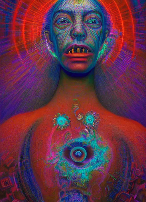 Image similar to portrait ultra dimensional cult girl shaman, accidentally tripping on dmt and acid, psychedelic experience, overwhelming psychosis of self realization and burning awakening, ultra high definition, unreal engine 5, hyperrealism, masterpiece composition, by casey weldon, barclay shaw