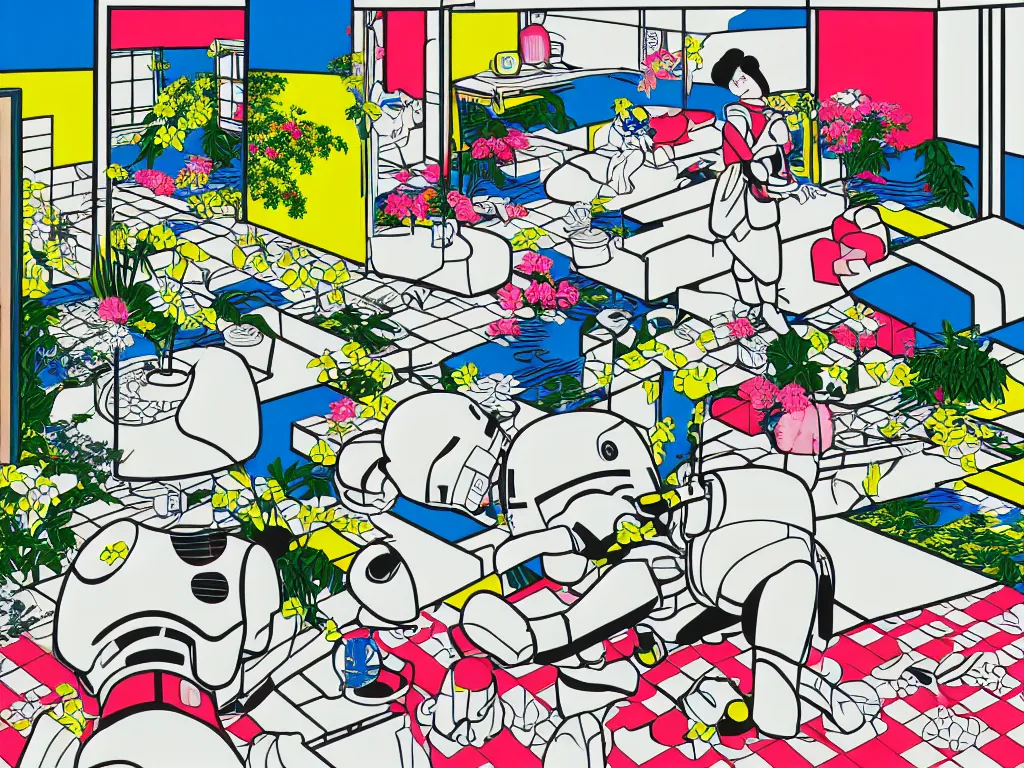 Image similar to hyperrealistic composition of the japanese home with a garden, stormtrooper in hot springs, pop - art style, jacky tsai style, andy warhol style, roy lichtenstein style, pastel palette, acrylic on canvas