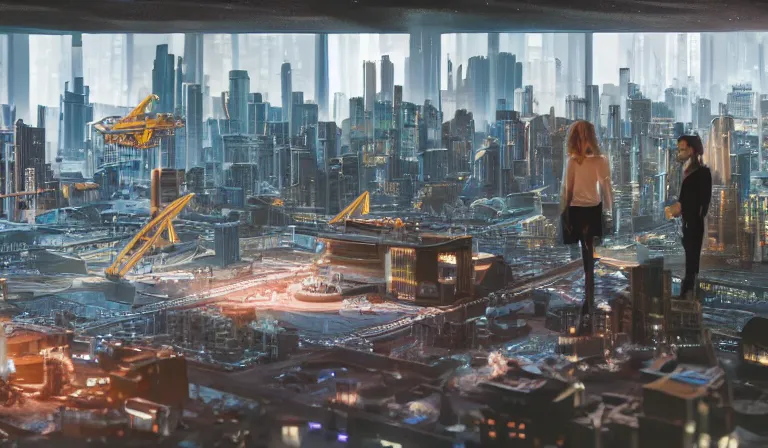 Image similar to group of people in humble warehouse, looking at hologram of futuristic city on a table, cinematic concept art, godrays, golden hour, natural sunlight, 4 k, clear details, tabletop model buildings, center model buildings, hologram center, crane shot, crane shot, crane shot