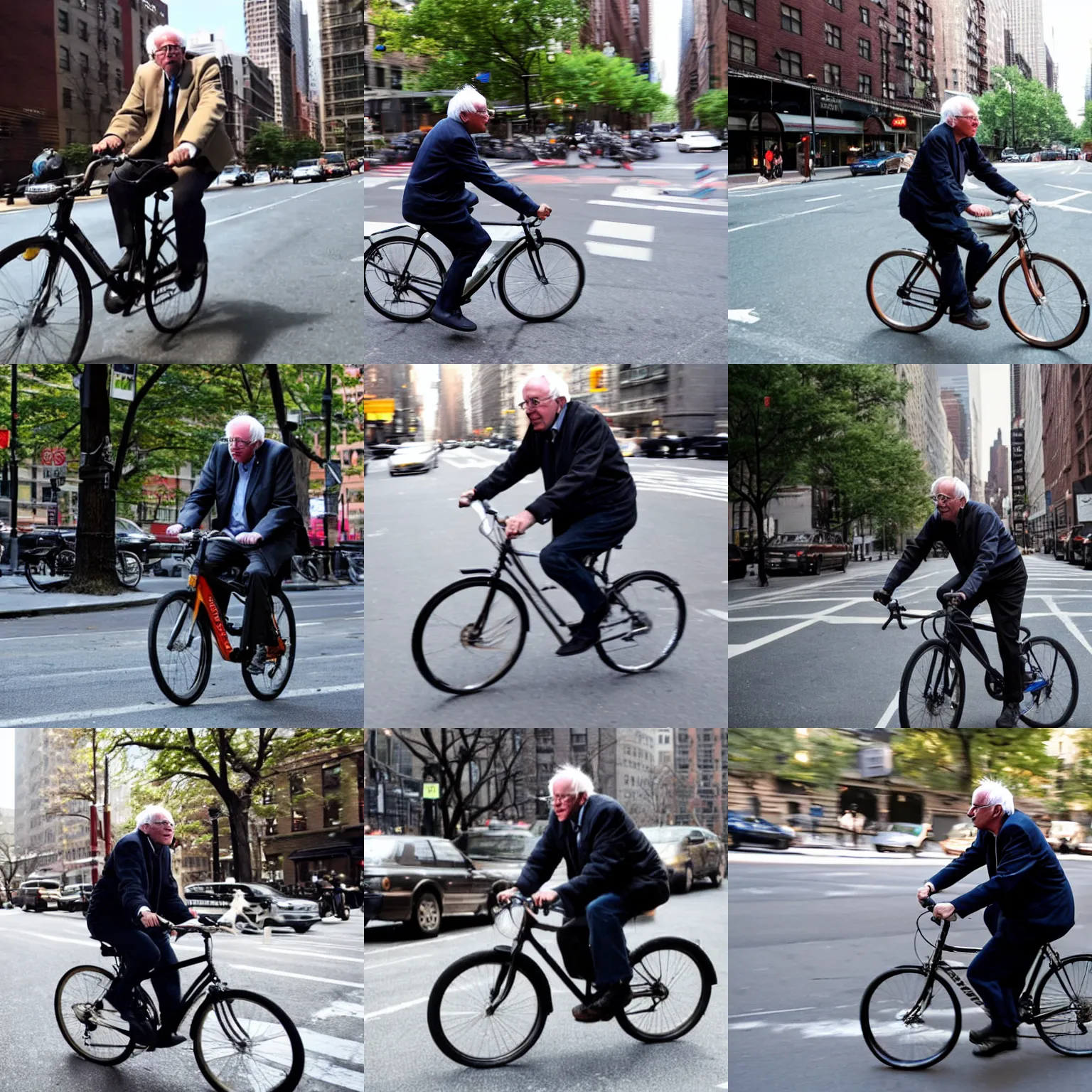 Prompt: photograph of bernie sanders riding bicycle in nyc