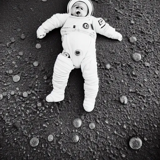 Image similar to an infant child crawling on the surface of the moon, 🌕, baby, human, crawl, canon eos r 3, f / 1. 4, iso 2 0 0, 1 / 1 6 0 s, 8 k, raw, unedited, symmetrical balance, wide angle