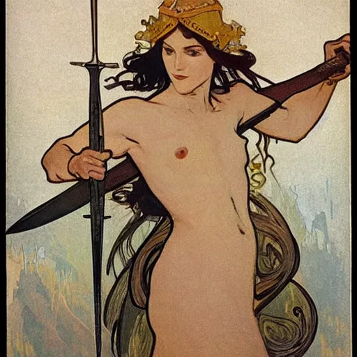 Image similar to female fighter, war paint, sword, painted by alphonse mucha