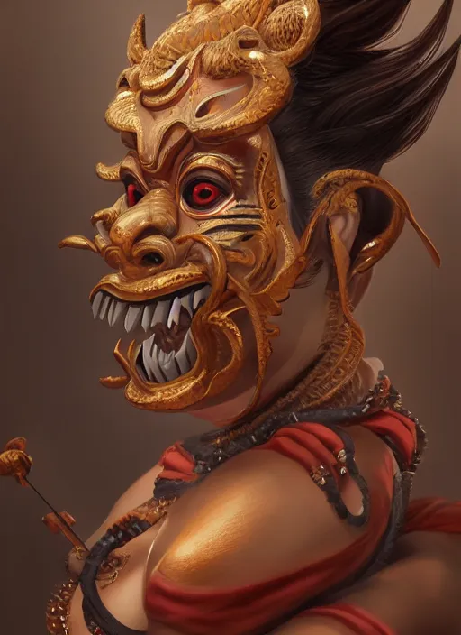 Image similar to a beautiful detailed oil on copper art illustration of a oni hannya mask shogun boar woman, centered, by charlie bowater, zeng fanzh, trending on artstation, dim dusk lighting, cinematic lighting, detailed lighting, volumetric lighting, realistic, f 8, 4 k hd wallpaper