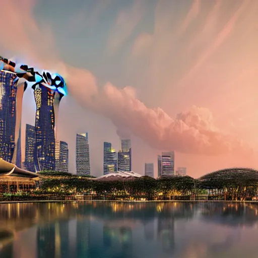 Image similar to Singapore Esplanade Marina Bay city with a lion-shaped cloud in the sky, by greg rutkowski, red and white lighting, digital art, ultra realistic, ultra detailed, photorealistic, 4k, character concept