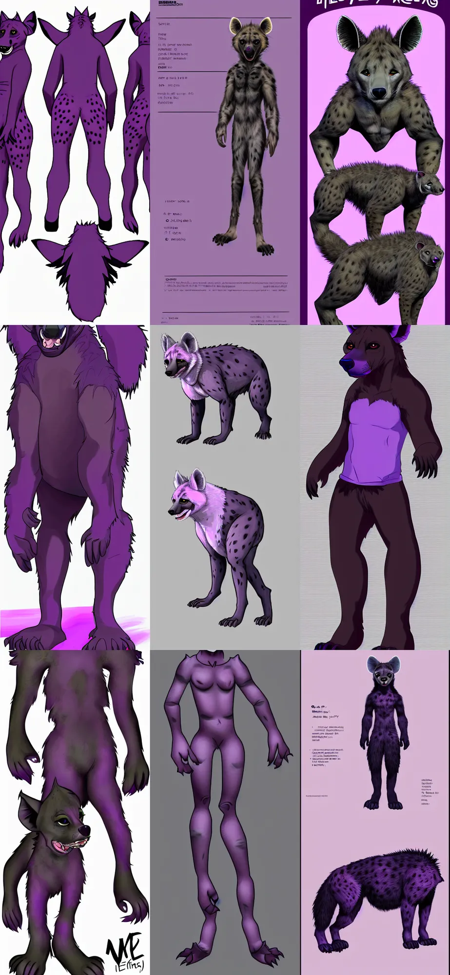 Image similar to a full - body centered front - perspective furry reference sheet, a male hyena fursona, purple and black color scheme, trending on weasyl, high - resolution, photorealistic