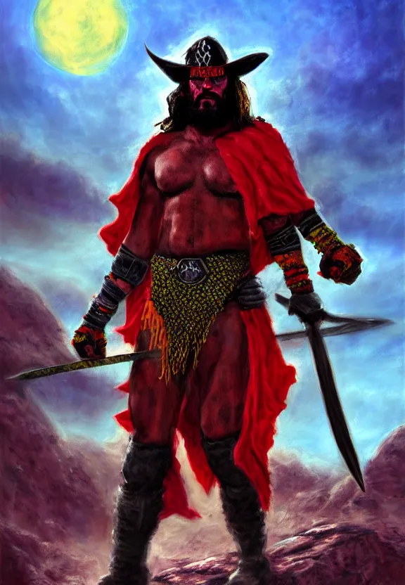 Prompt: a solitary macho man randy savage wearing a colourful heavy cloak alone full body rocky desolate wasteland | portrait | fantasy impressionist oil painting | matte painting | matte drawing | middle earth | pathfinder | featured on artstation deviant art | sword and sorcery | pintrest | conan | darksun | d & d dungeons and dragons | barbarian