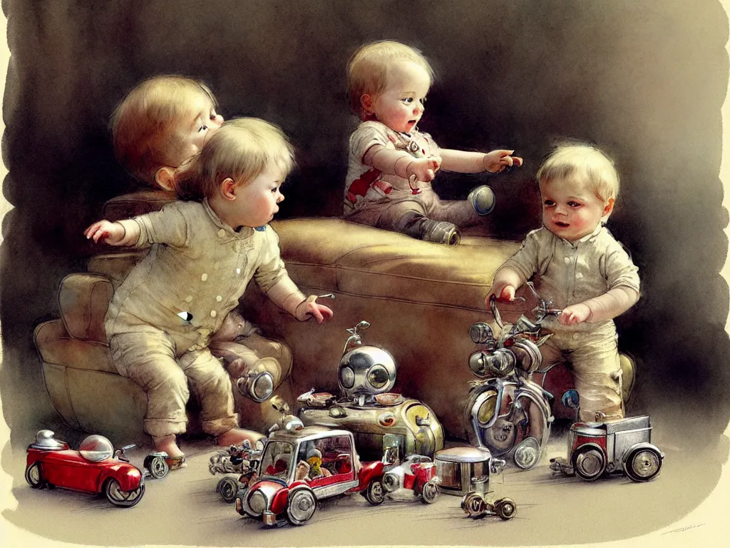Image similar to toddler ( ( ( ( ( 1 9 2 0 retro future living room. muted colors. toys laying around ) ) ) ) ) by jean baptiste monge, chrome red, chrome silver