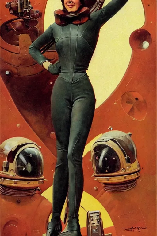 Prompt: 5 0 s pulp scifi fantasy illustration full body portrait slim woman in leather spacesuit on rocky mars, by norman rockwell, roberto ferri, daniel gerhartz, edd cartier, jack kirby, howard v brown, ruan jia, tom lovell, frank r paul, jacob collins, dean cornwell, astounding stories, amazing, fantasy, other worlds