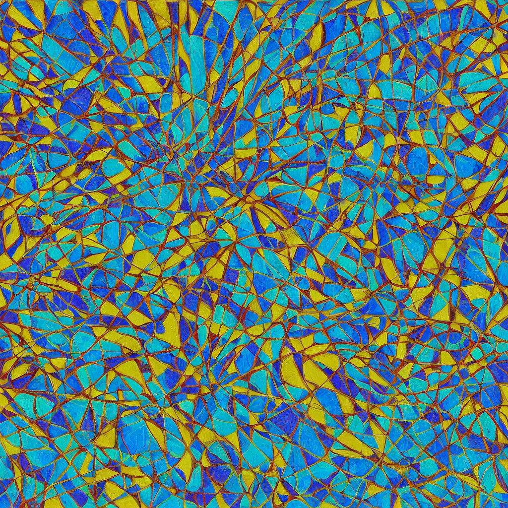 Image similar to a impasto oil painting of beautiful, symmetric pattern by fred tomaselli, blue color scheme, cyan colors, gold highlights, ultra high details, triade color scheme, golden ratio, symmetrie