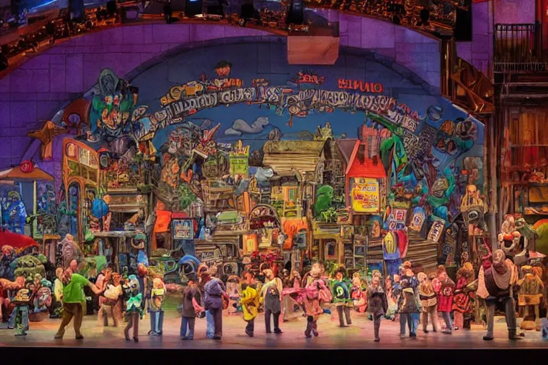 Prompt: photo of a huge theaterstage, play is fritz the cat, 3 actors on stage, 8 k, multicolored, exaggerated detailed, long shot