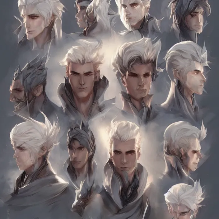 Image similar to concept art of young male wizard d & d video game characters head designs, unique hair designs, by marc brunet and artgerm